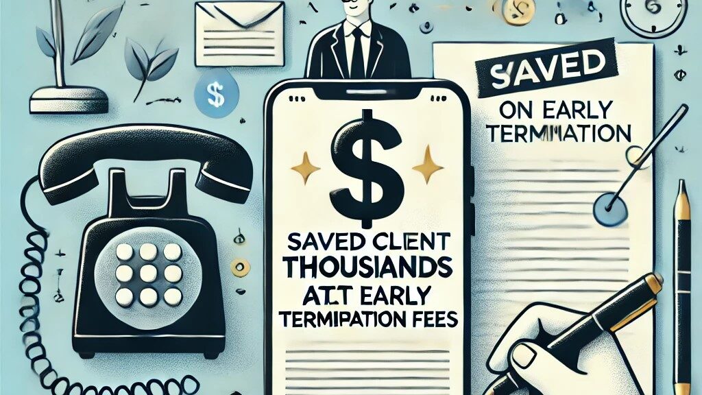 Feature image for a blog post titled 'Saved Client Thousands on AT&T Early Termination Fees,' showing a mobile phone, business documents, and a dollar sign with a check mark symbolizing savings. Text overlay reads the blog title, with a light, professional background.