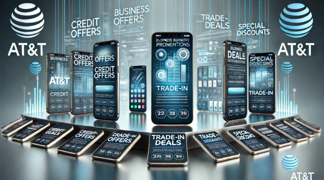 AT&T business promotions displayed on a series of modern smartphones set against a corporate blue and white background.