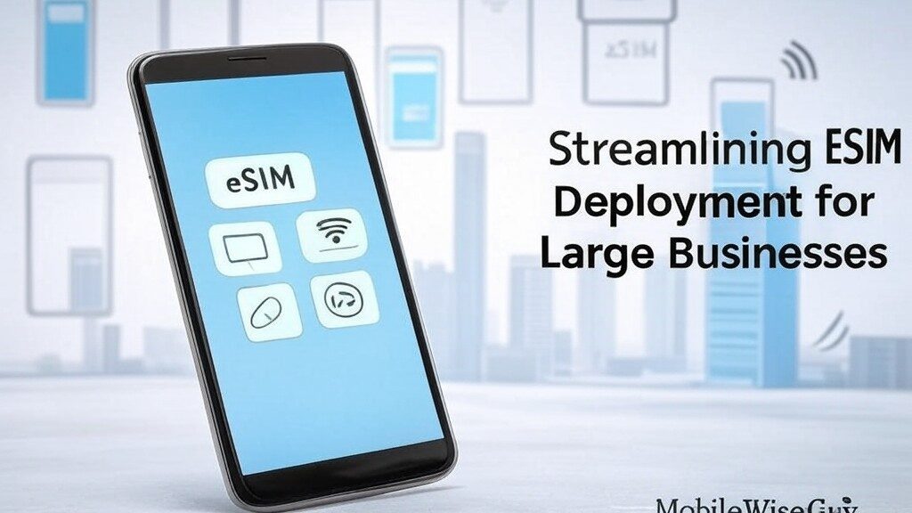 Smartphone displaying eSIM management options on screen, with icons for various connectivity features and a background showing stylized mobile network towers.