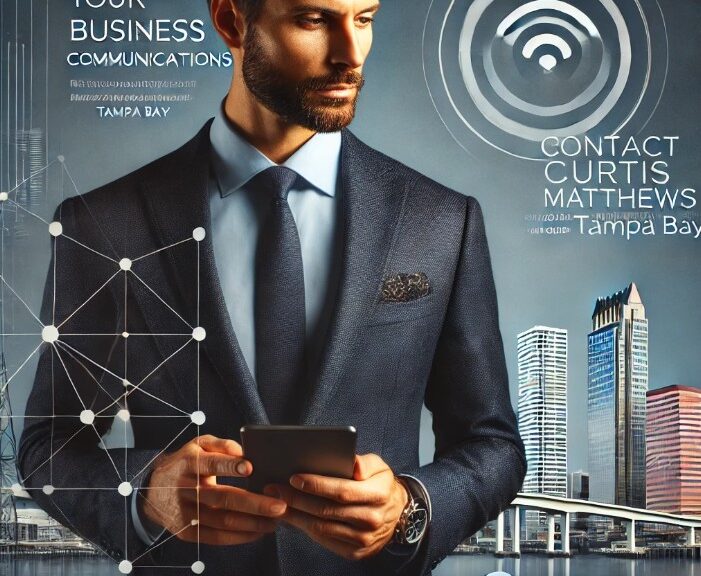 Professional AT&T consultant in a suit holding a smartphone against a backdrop of Tampa Bay's skyline, with text promoting optimized business communications.