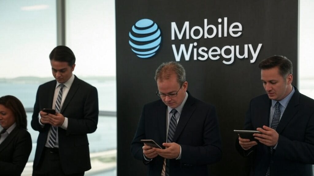 AT&T Mobile Wiseguy business professionals using smartphones in an office setting with the Mobile Wiseguy logo in the background.